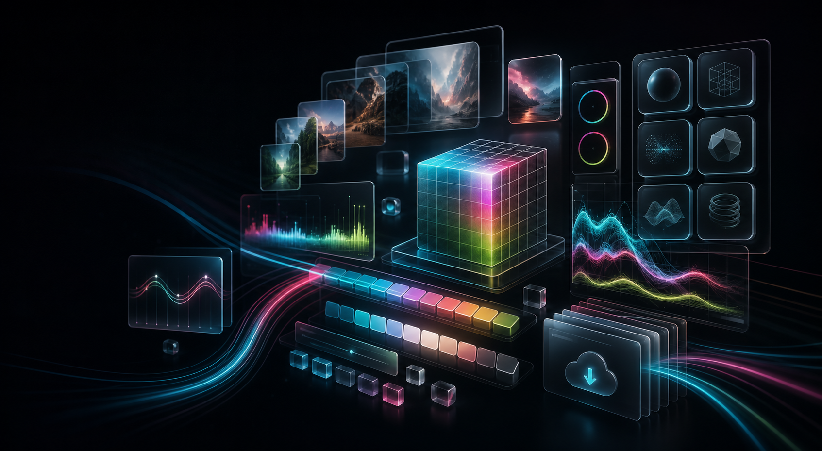 Abstract digital asset library with LUT cubes, preset cards and color waveform panels