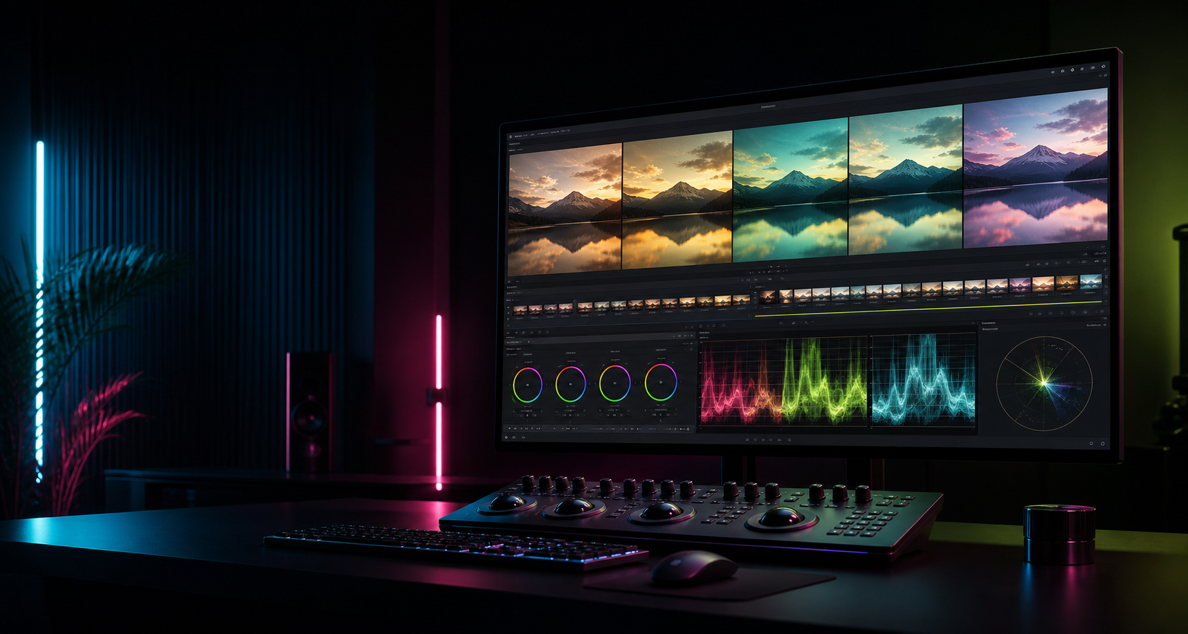 Color grading workstation showing LUT previews, scopes and timeline panels